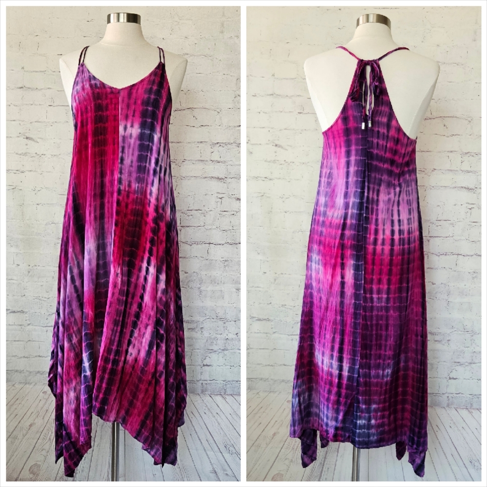 Lovestitch Pink Purple Tie-dye V-Neck Handkerchief Hem Beach Cover Dress Medium